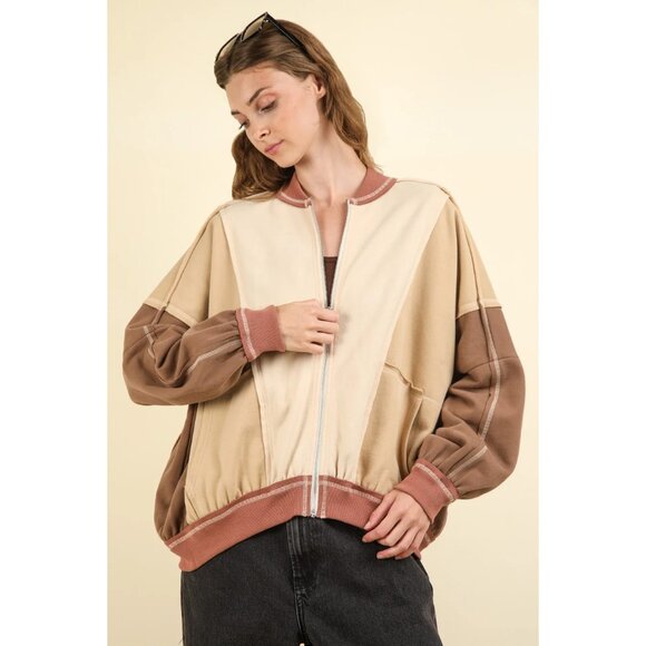 New In Oversized Colorblock Exposed Seam Jacket in Cream Mix - Picture 1 of 15